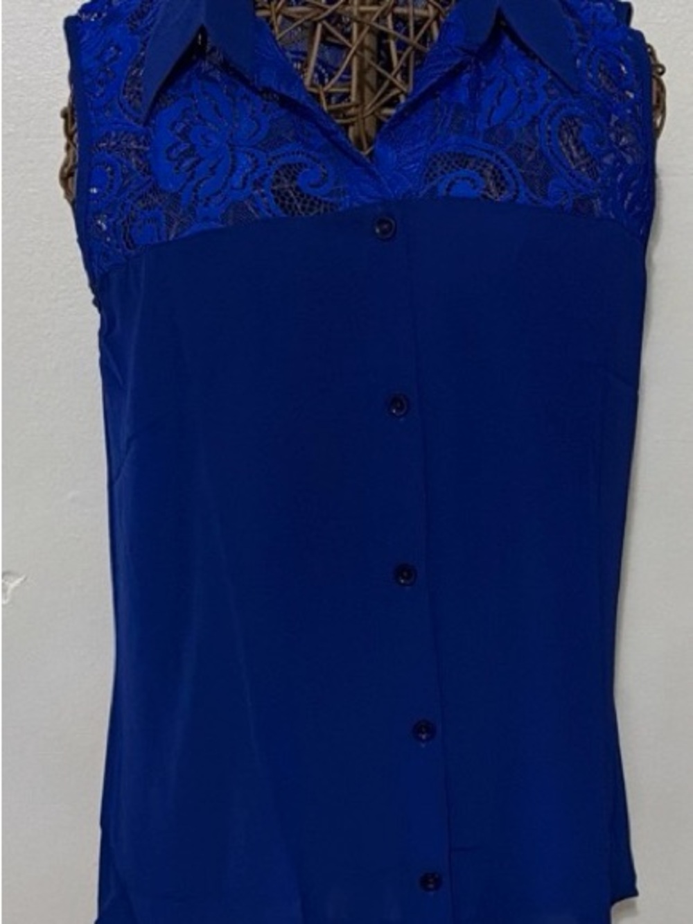 Sleeveless Lace-Yoke Button-Front Top in Cobalt Blue